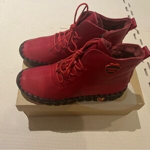 Red Women's Zip Up Ankle Boots with laces